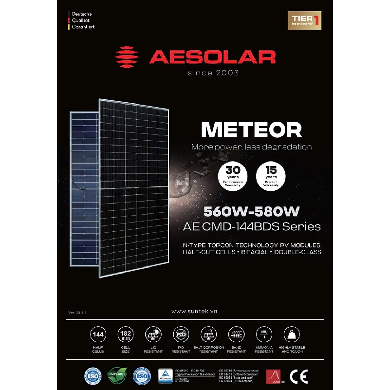 AE SOLAR 580W 2 mặt kính